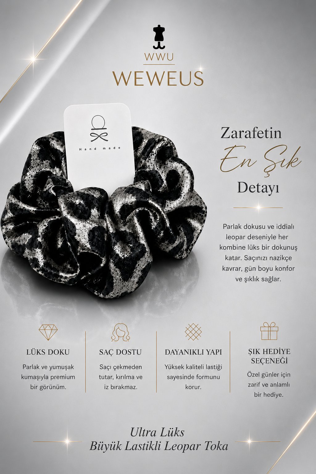 WeWeus Büyük Siyah Gri Leopar Premium Saten Lastik Scrunchie Toka