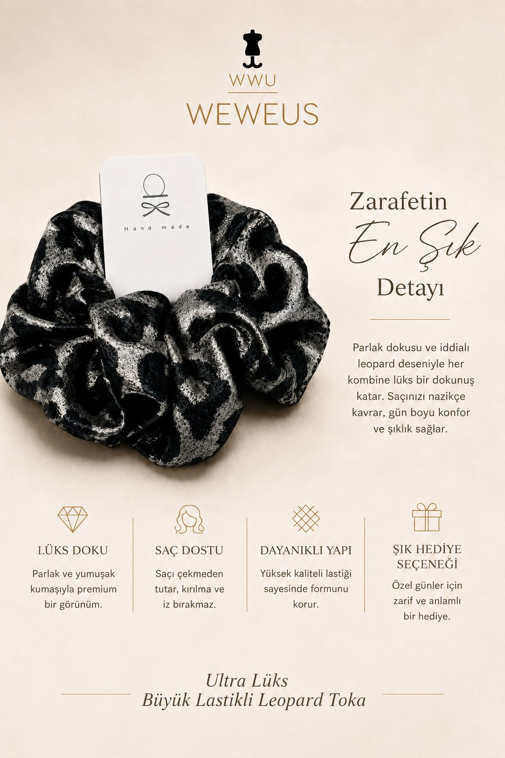 WeWeus Büyük Siyah Gri Leopar Premium Saten Lastik Scrunchie Toka
