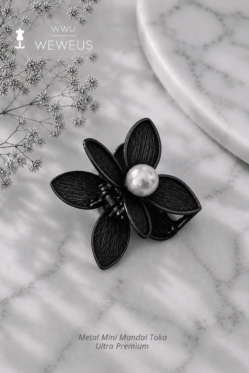 WeWeus Çiçek İncili Siyah Parlak Metal Mini Premium Mandal Toka
