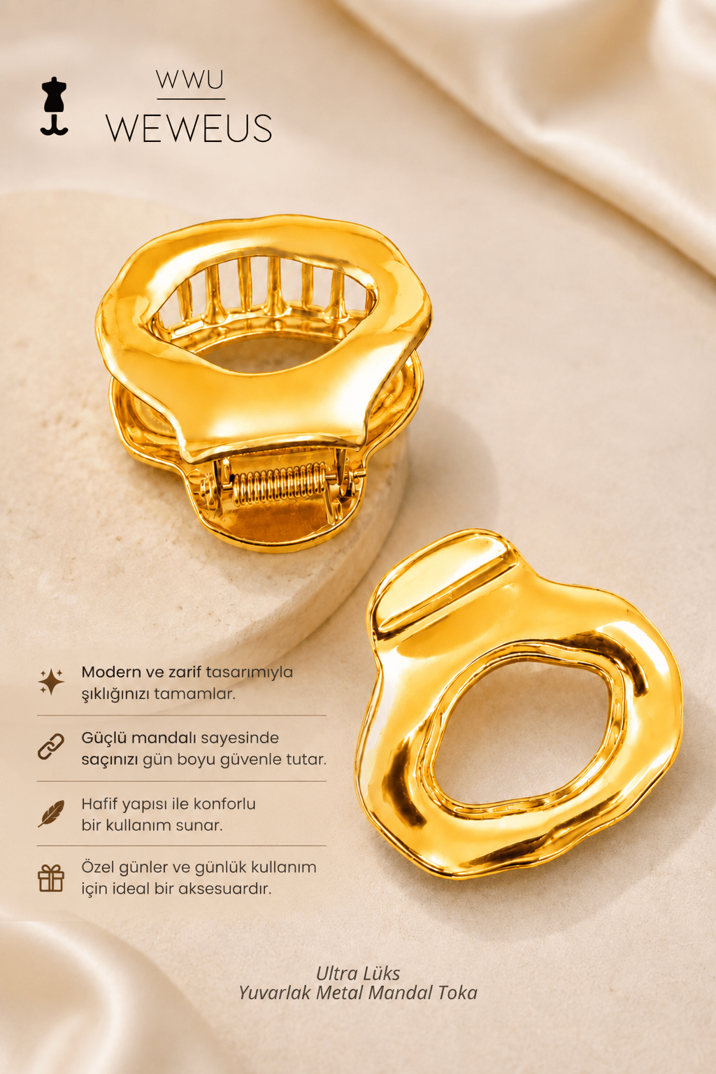 WeWeus Gold Altın Rengi Metal Lüks Yuvarlak Mandal Toka