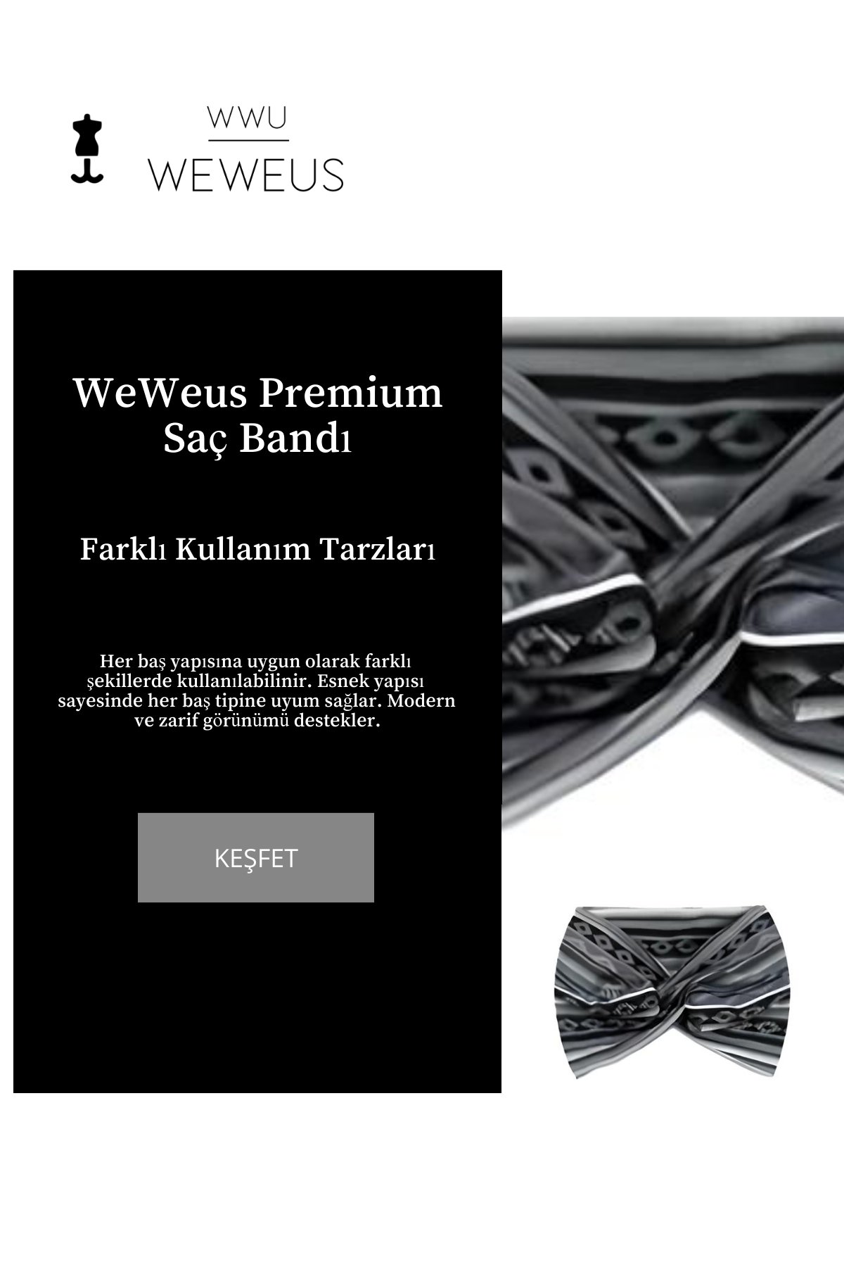 WeWeus Gri Beyaz Zikzak Desen Premium Kadın Saç Bandı