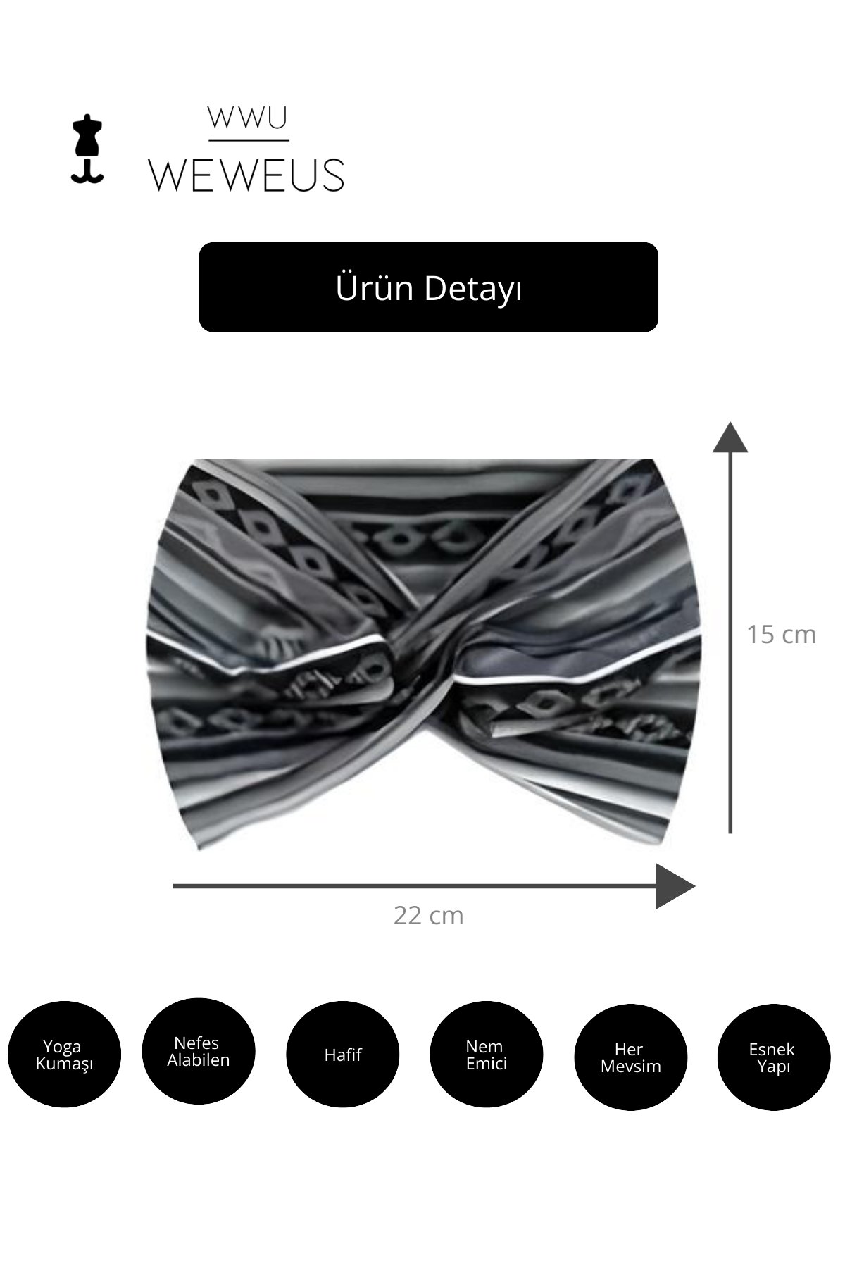 WeWeus Gri Beyaz Zikzak Desen Premium Kadın Saç Bandı