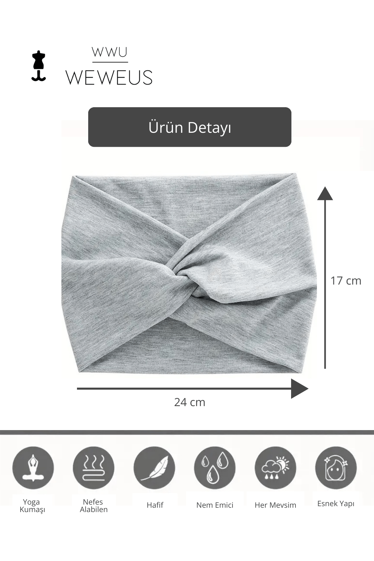 WeWeus Gri Melanj Premium Kadın Saç Bandı
