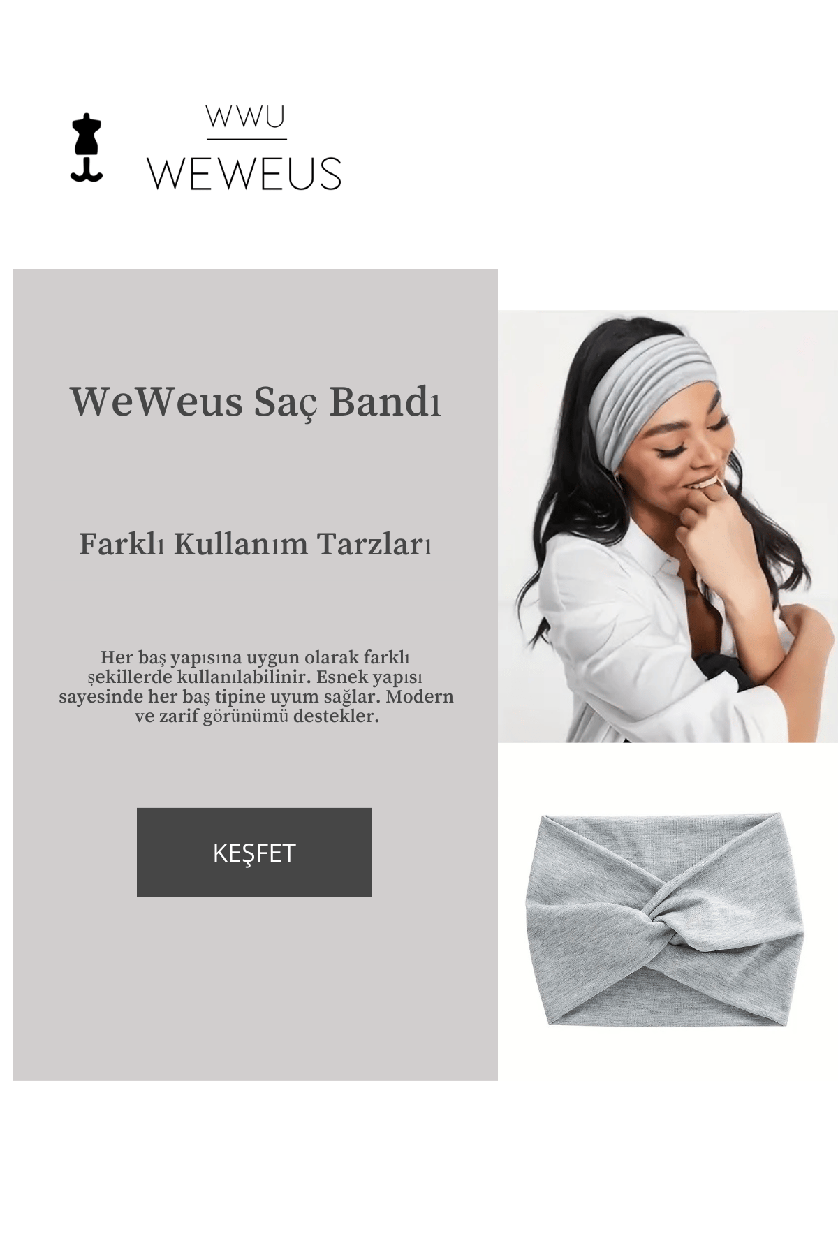 WeWeus Gri Melanj Premium Kadın Saç Bandı
