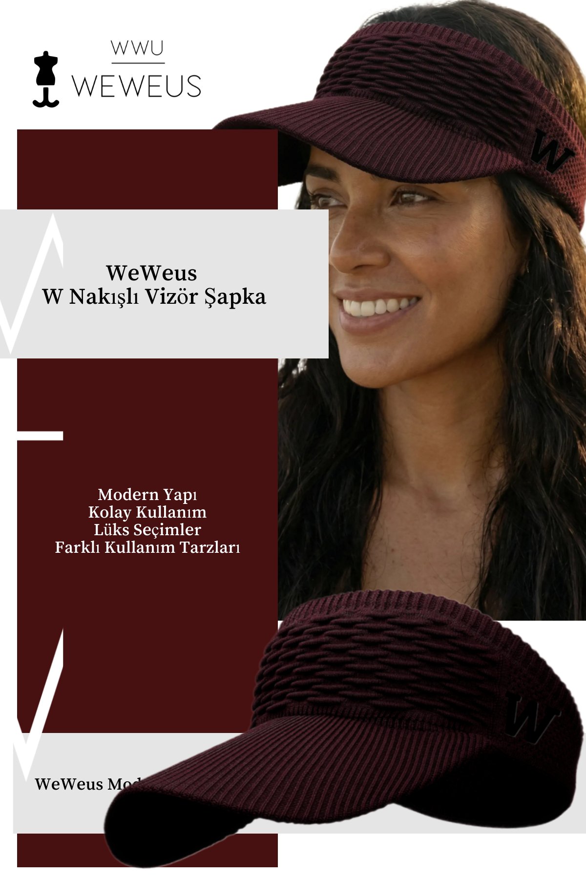 WeWeus Kadın Bordo W Nakışlı Uv Korumalı Tenis Golf Vizör Yazlık Şapka