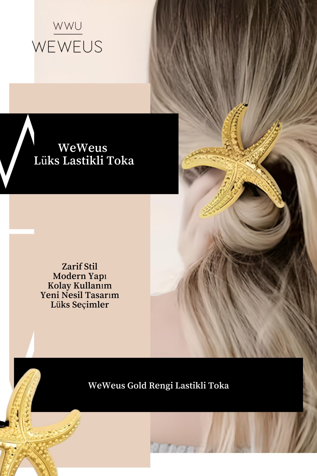 WeWeus Kadın Gold Altın Renk Parlak Deniz Yıldızı Lastikli Toka