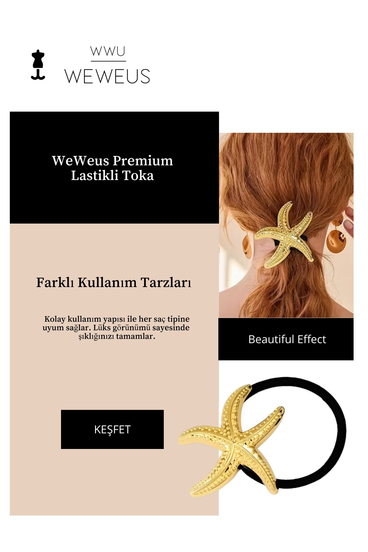 WeWeus Kadın Gold Altın Renk Parlak Deniz Yıldızı Lastikli Toka