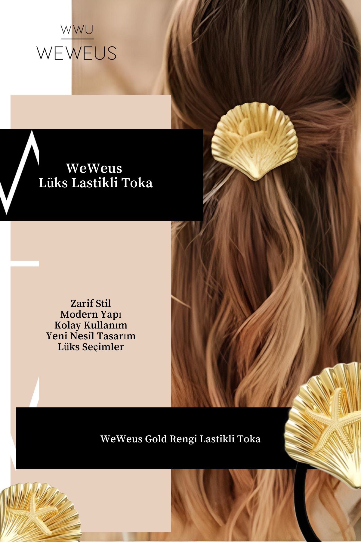 WeWeus Kadın Gold Altın Renk Parlak Deniz Kabuğu Lastikli Toka