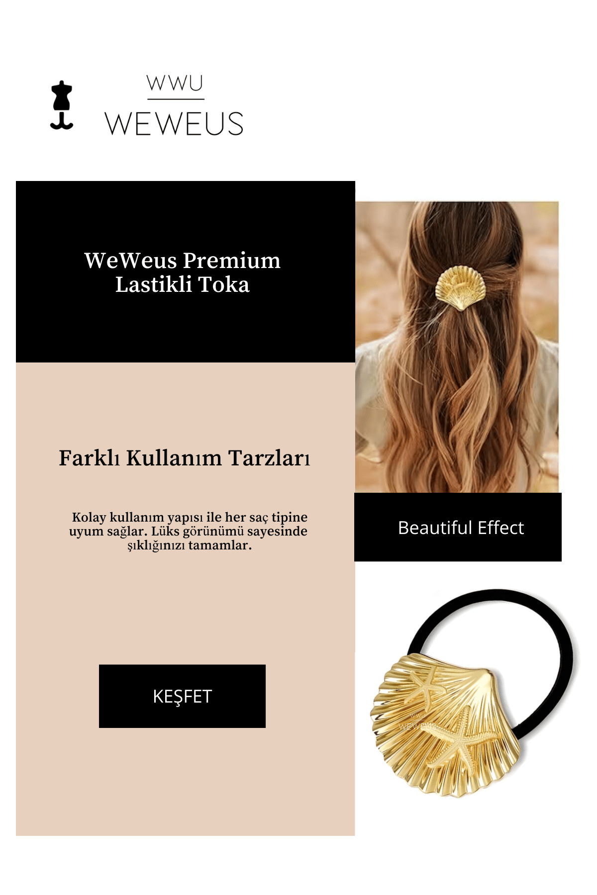 WeWeus Kadın Gold Altın Renk Parlak Deniz Kabuğu Lastikli Toka