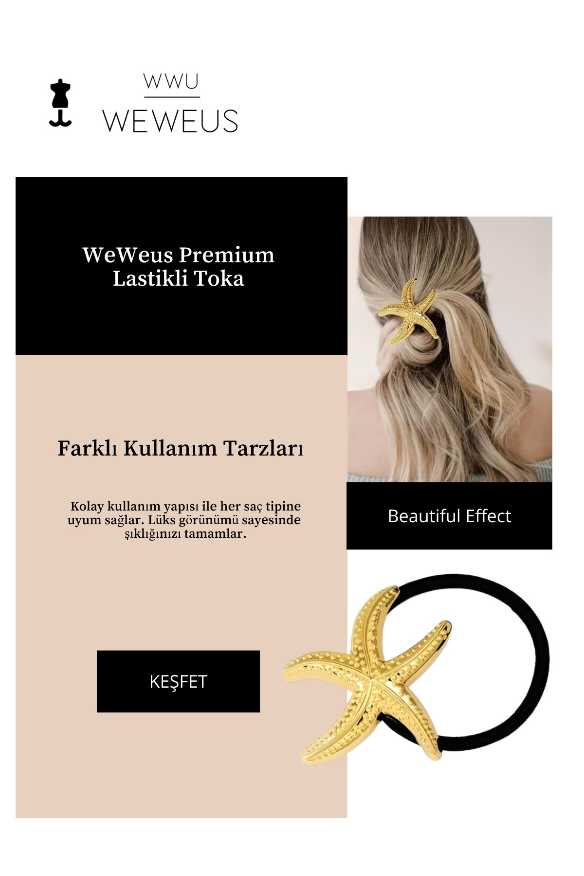 WeWeus Kadın Gold Altın Renk Parlak Deniz Yıldızı Lastikli Toka