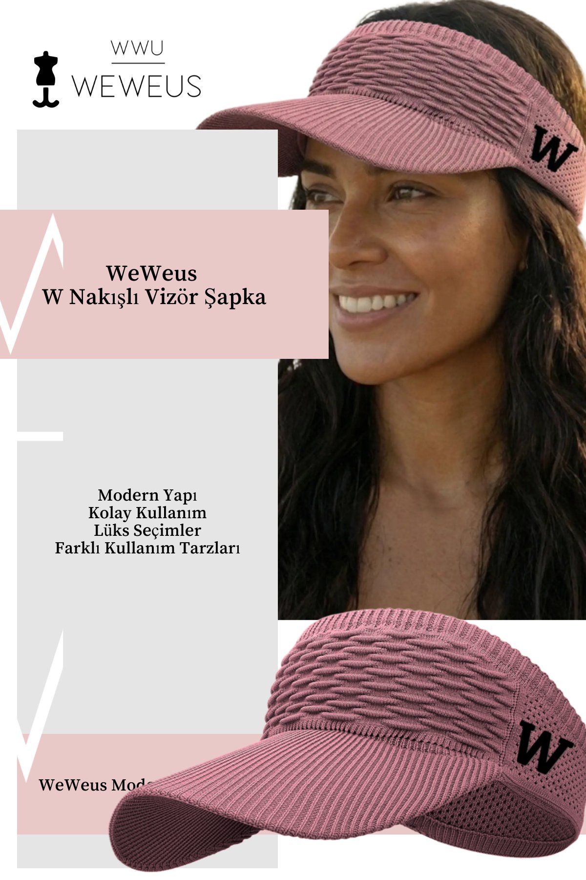 WeWeus Kadın Gül Kurusu W Nakışlı Uv Korumalı Tenis Golf Vizör Yazlık Şapka