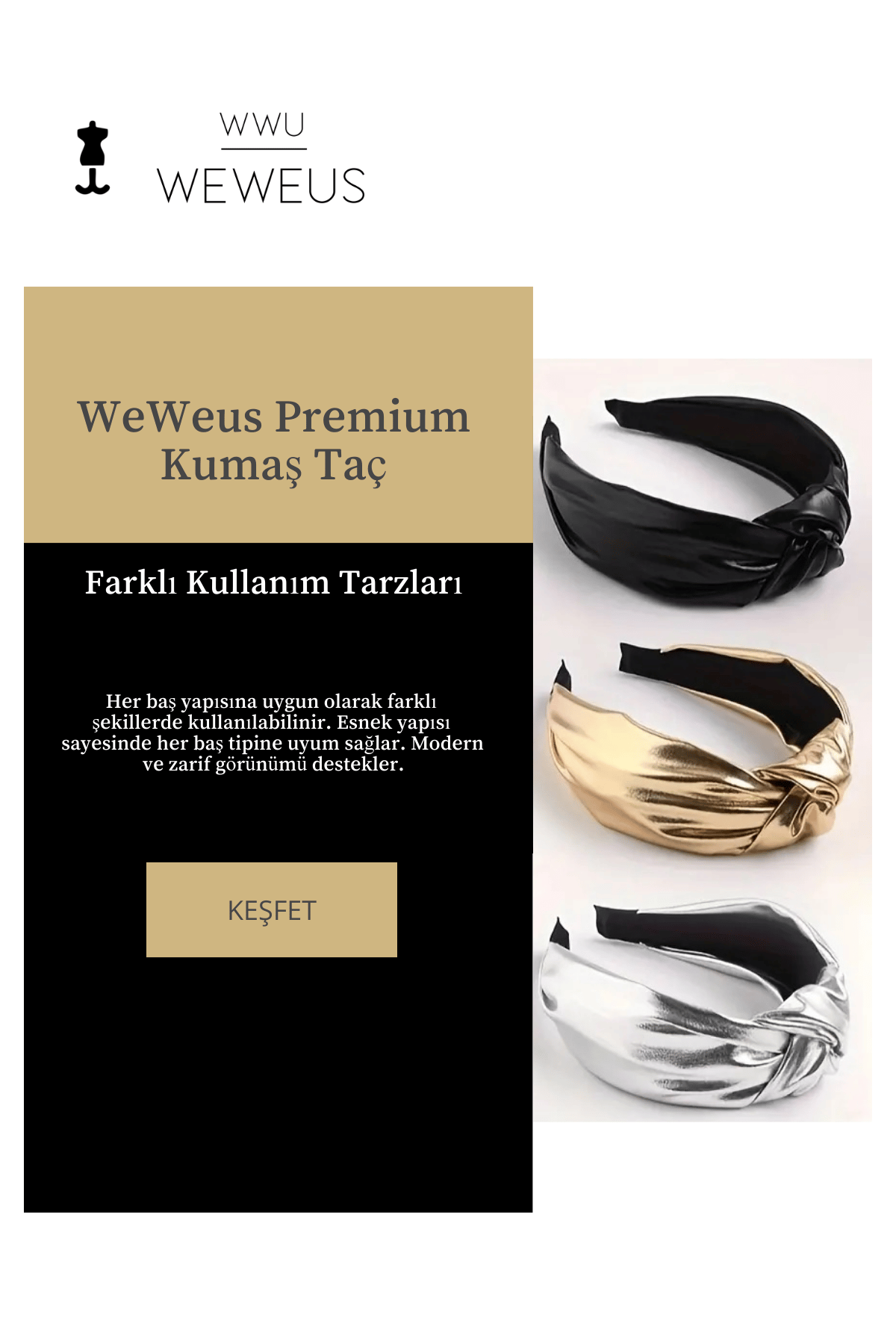 WeWeus Kadın Parlak Altın Rengi Dore Metalik Lüks Taç