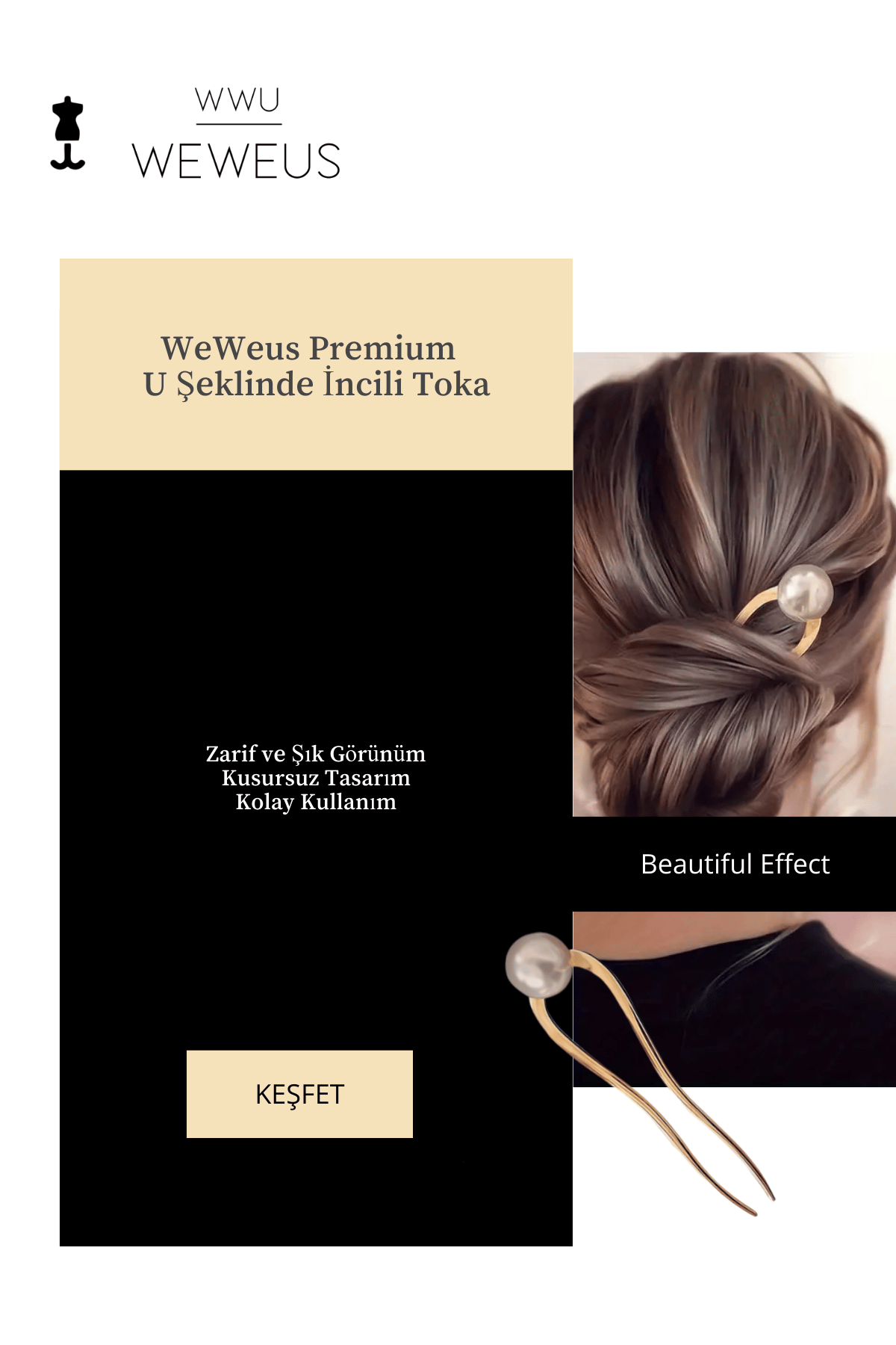 WeWeus Kadın Premium İncili Gold Altın Rengi Topuz Tokası