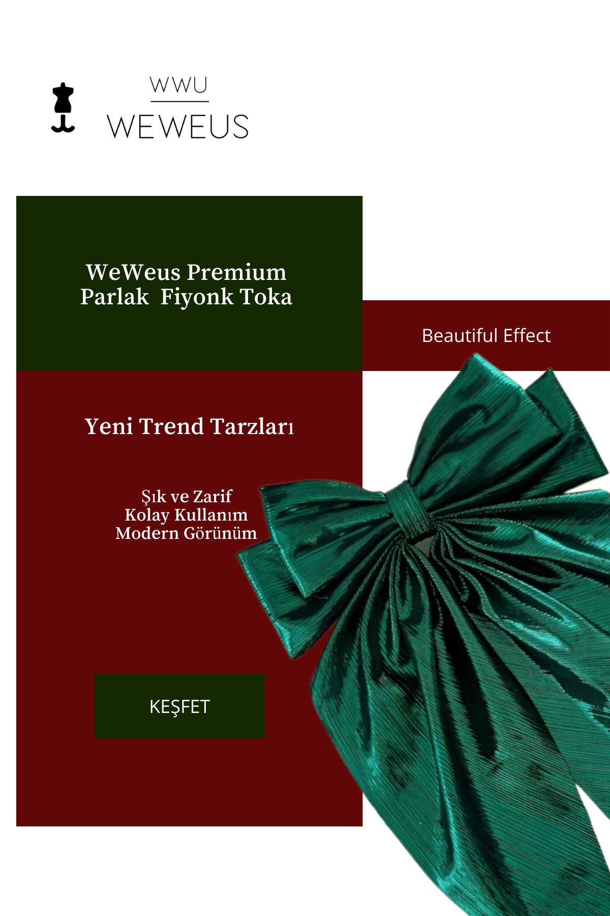WeWeus Kadın Premium Koyu Yeşil Parlak Fiyonk Toka