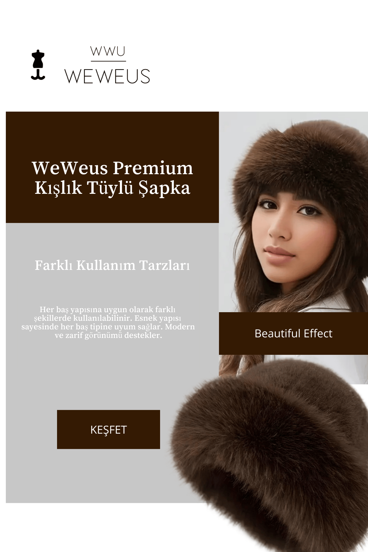 WeWeus Kahverengi Tüylü Kürk Görünümlü Kışlık Premium Kadın Şapka