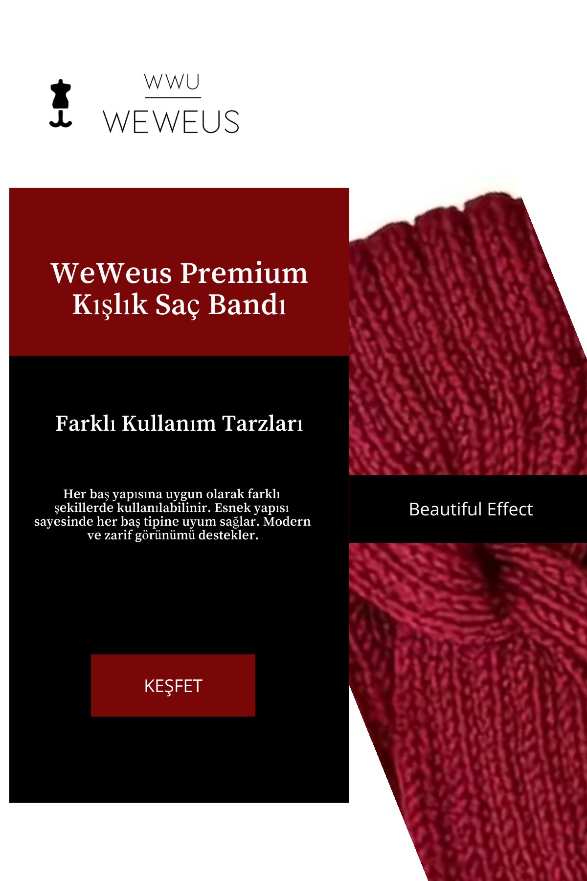 WeWeus Kırmızı Örme Kışlık Premium Kadın Saç Bandı