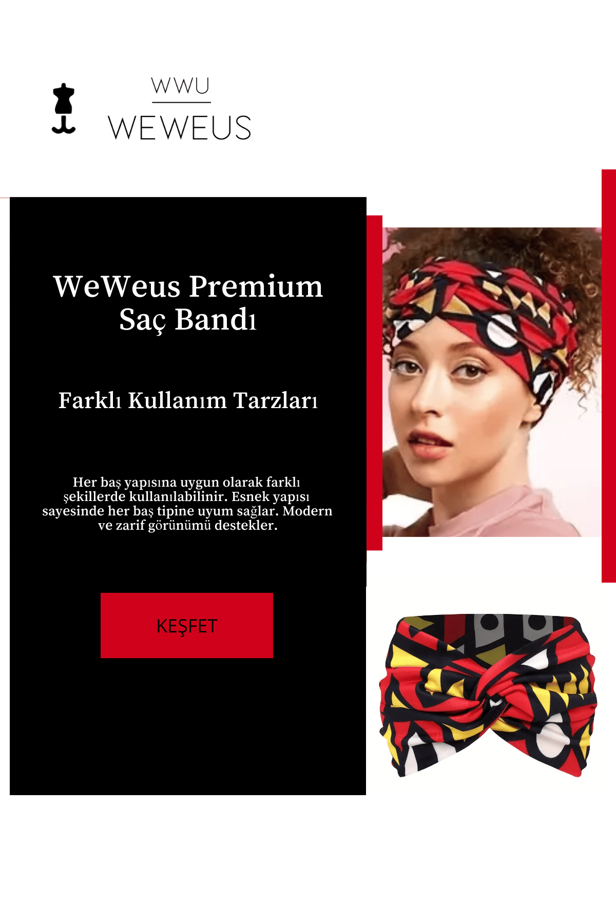 WeWeus Kırmızı Siyah Geometrik Desen Premium Kadın Saç Bandı
