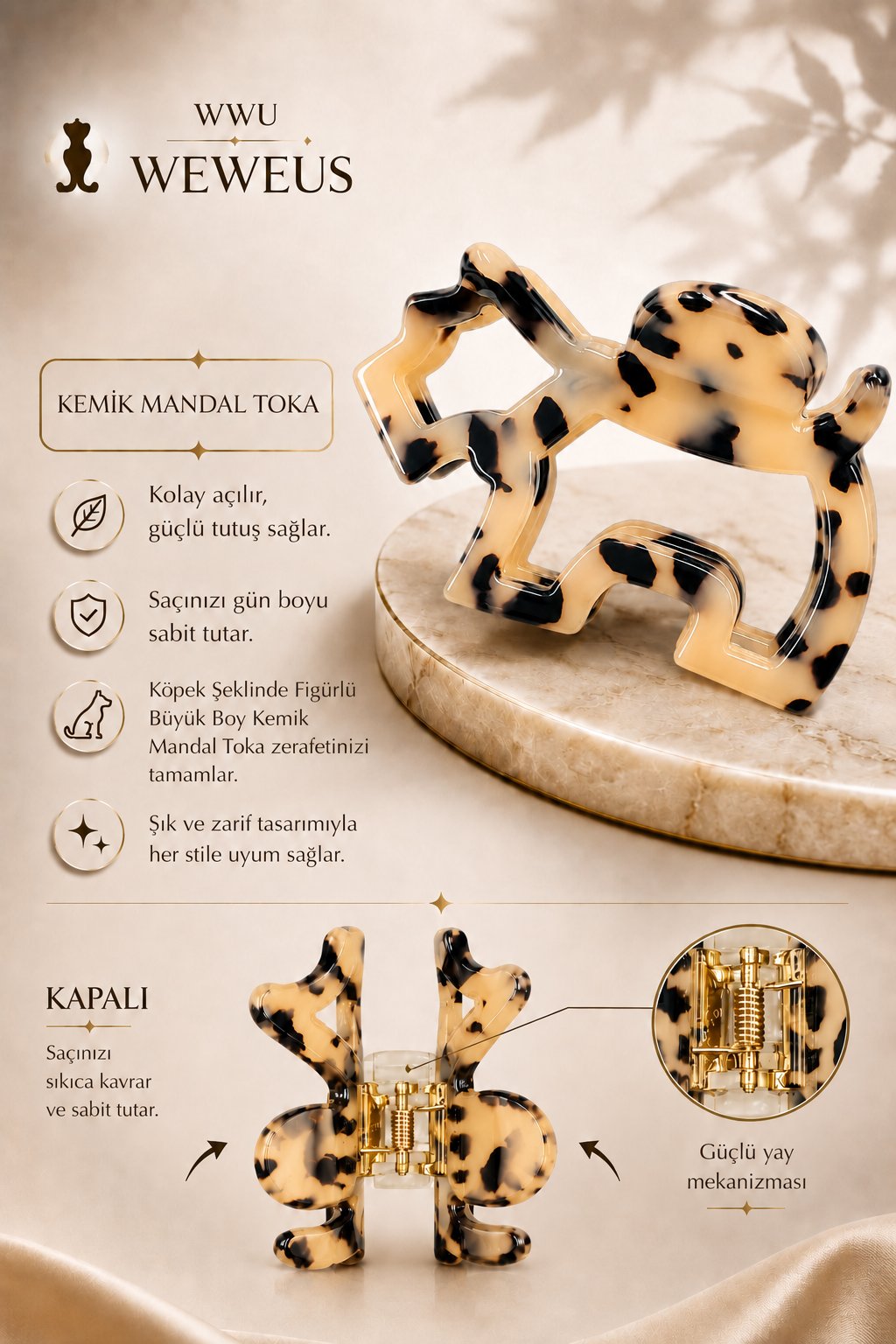 WeWeus Leopar Desenli Premium Köpek Şekilli Kemik Mandal Toka
