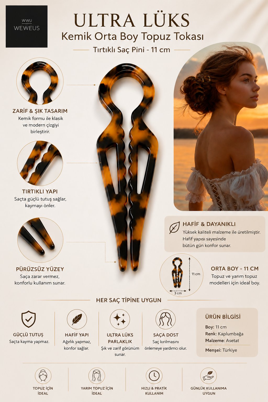 WeWeus Leopar Premium Kemik Topuz Saç Tokası-Saç Pini 11 cm
