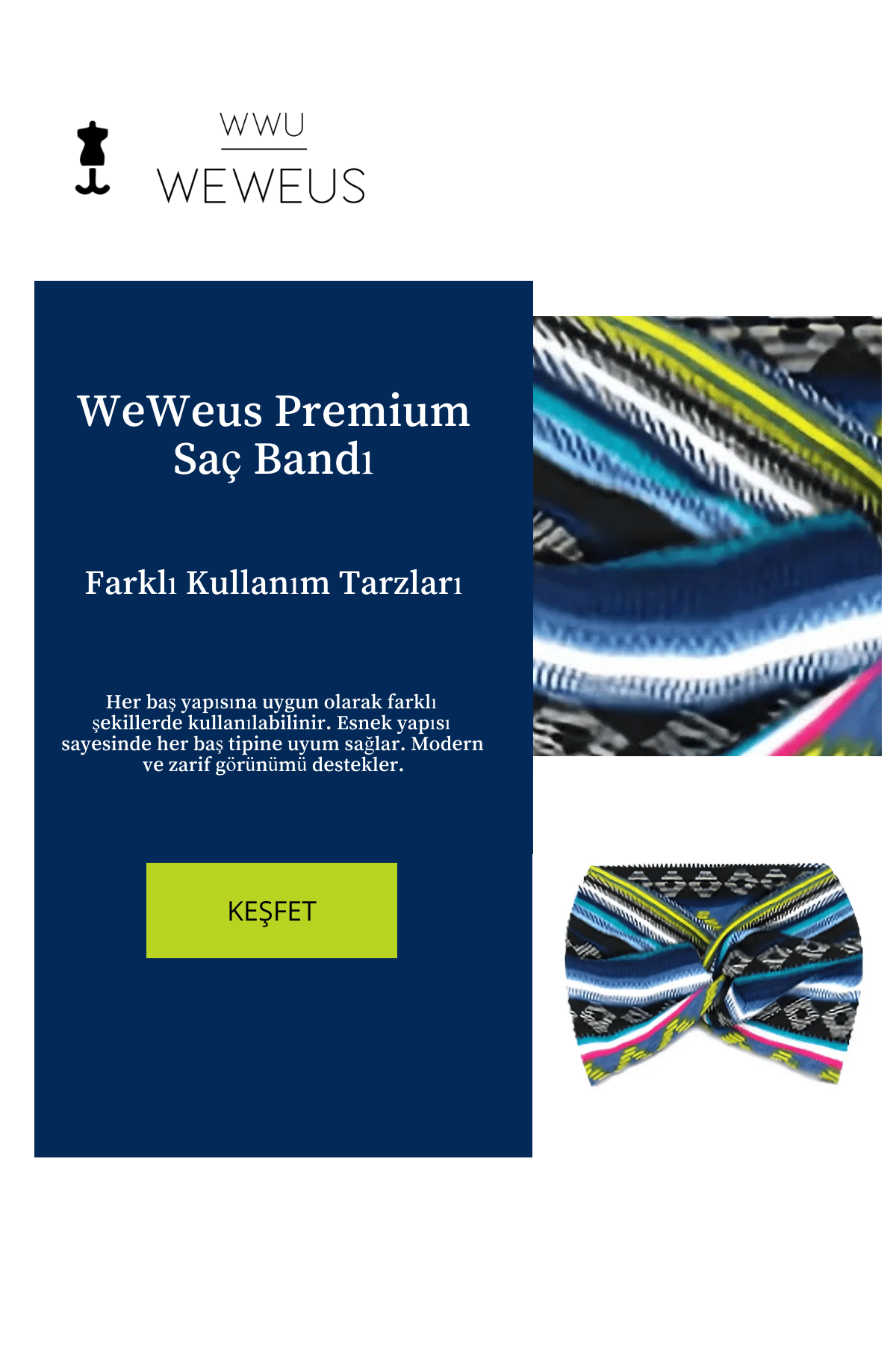 WeWeus Mavi Zikzak Desen Premium Kadın Saç Bandı