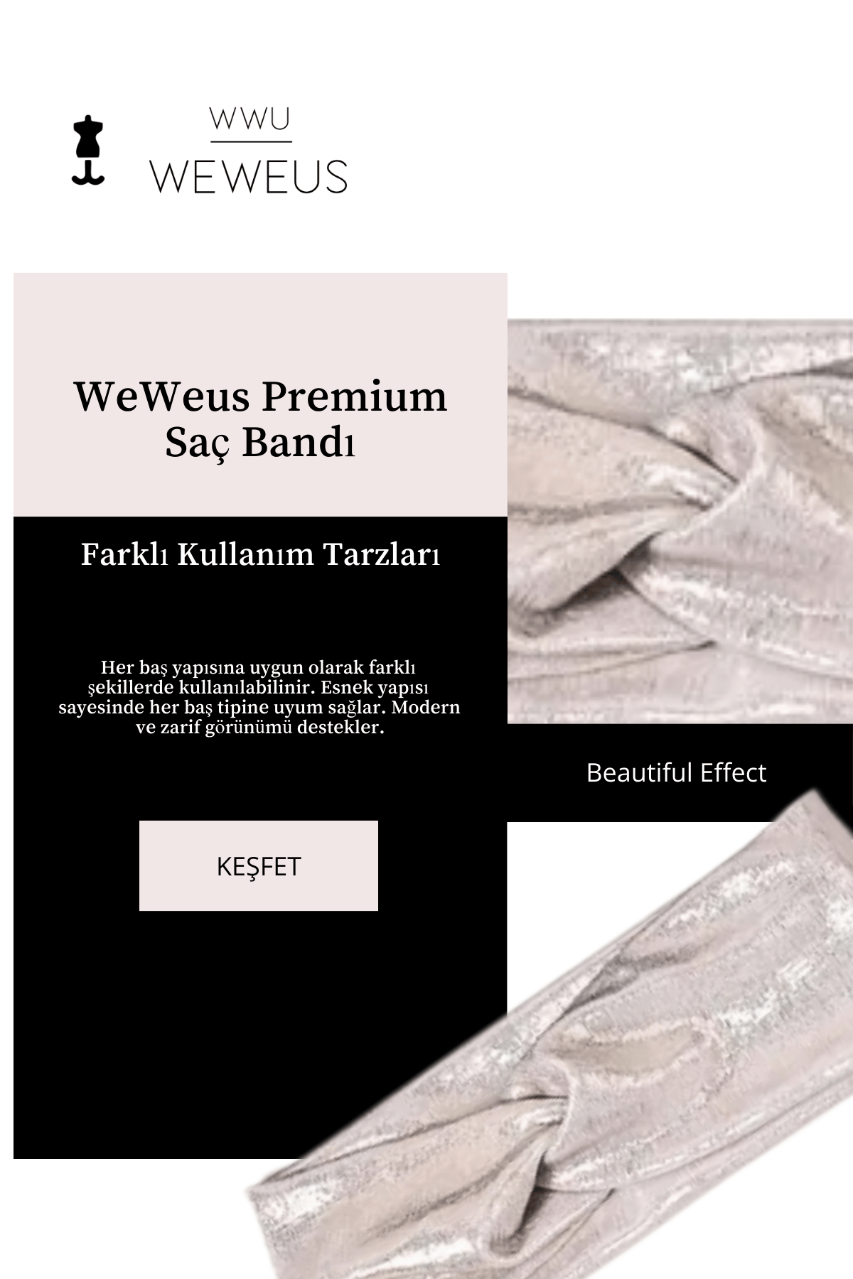 WeWeus Metalik Beyaz Renk Premium Kadın Saç Bandı