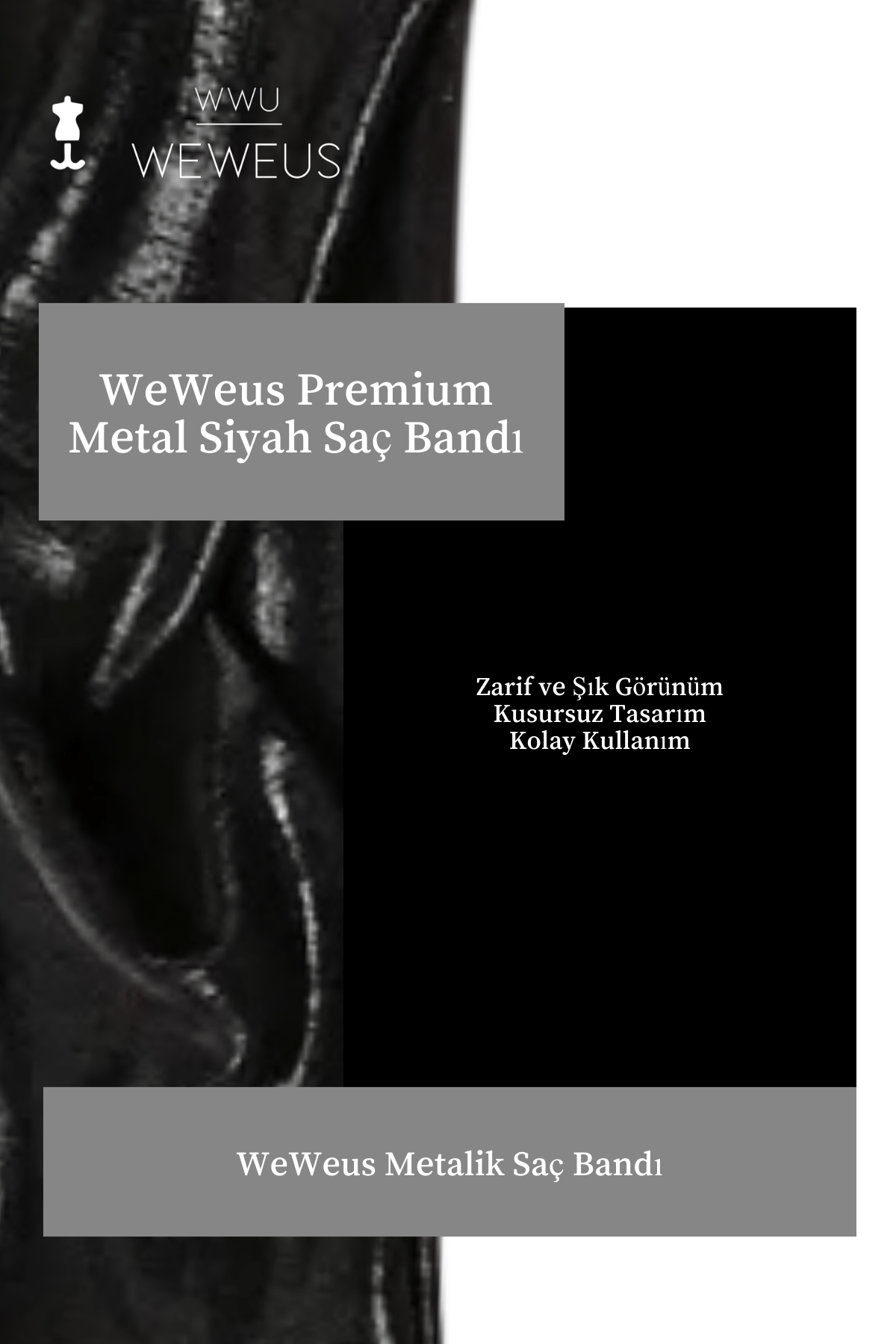 WeWeus Metalik Siyah Renk Premium Kadın Saç Bandı