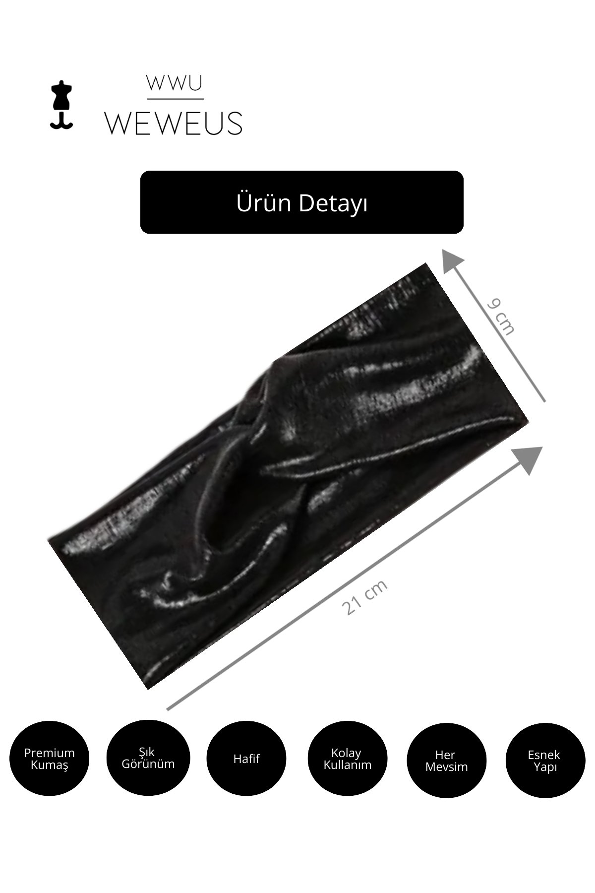 WeWeus Metalik Siyah Renk Premium Kadın Saç Bandı