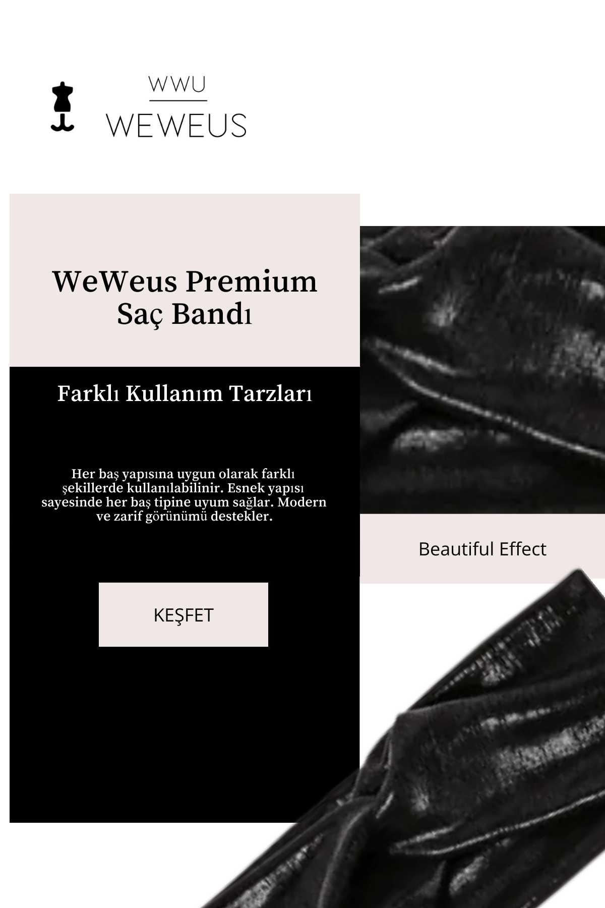 WeWeus Metalik Siyah Renk Premium Kadın Saç Bandı
