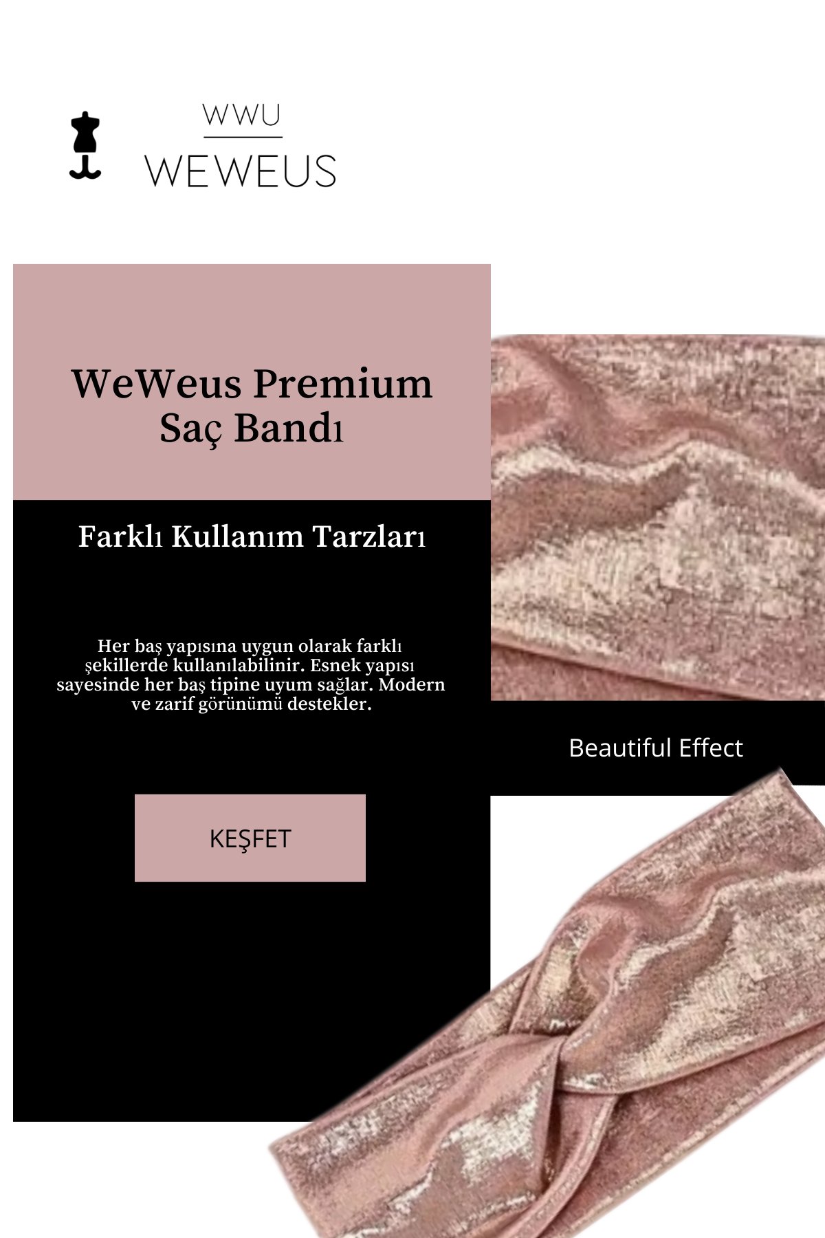 WeWeus Metalik Toz Pembe Renk Premium Kadın Saç Bandı