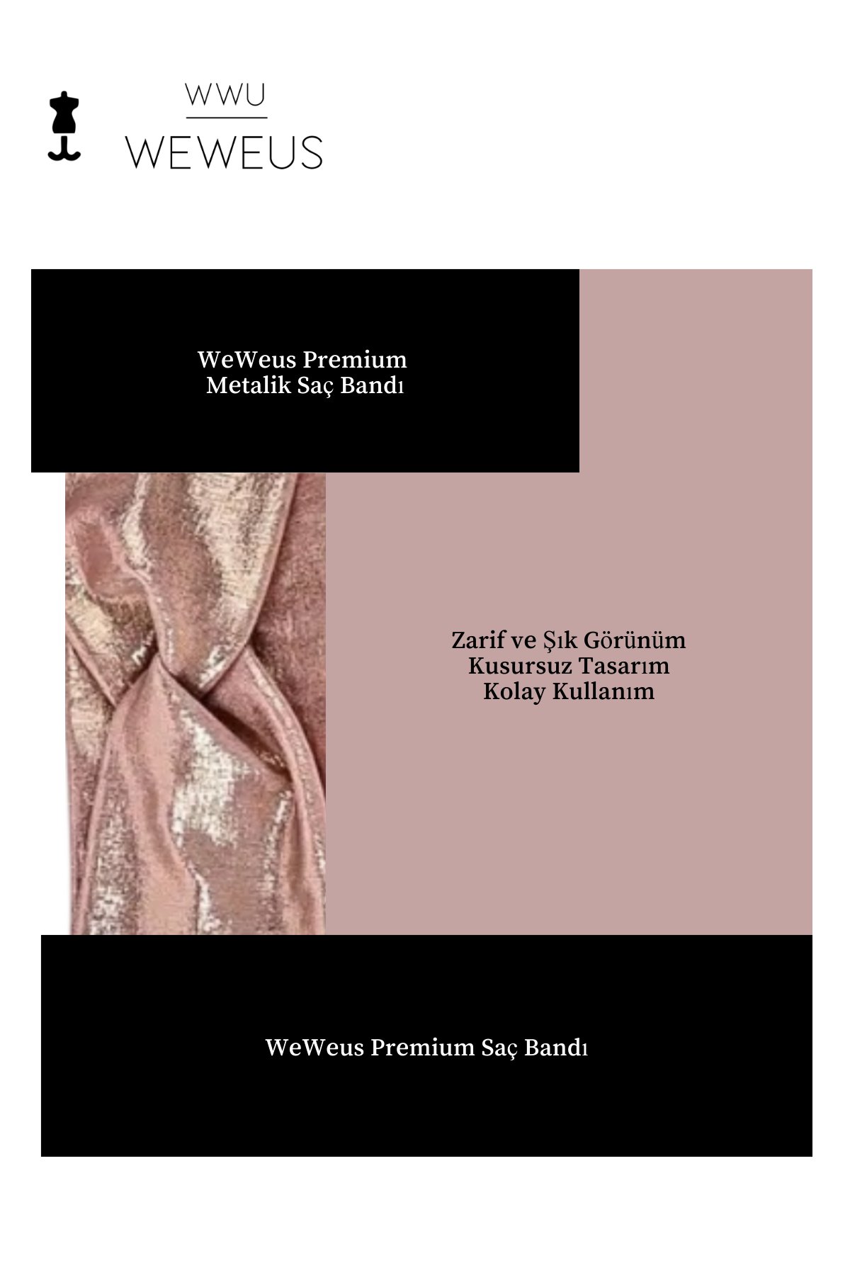 WeWeus Metalik Toz Pembe Renk Premium Kadın Saç Bandı