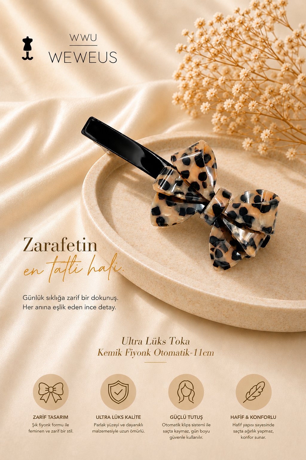 WeWeus Mini Leopar Premium Kemik Otomatik Fiyonk Toka