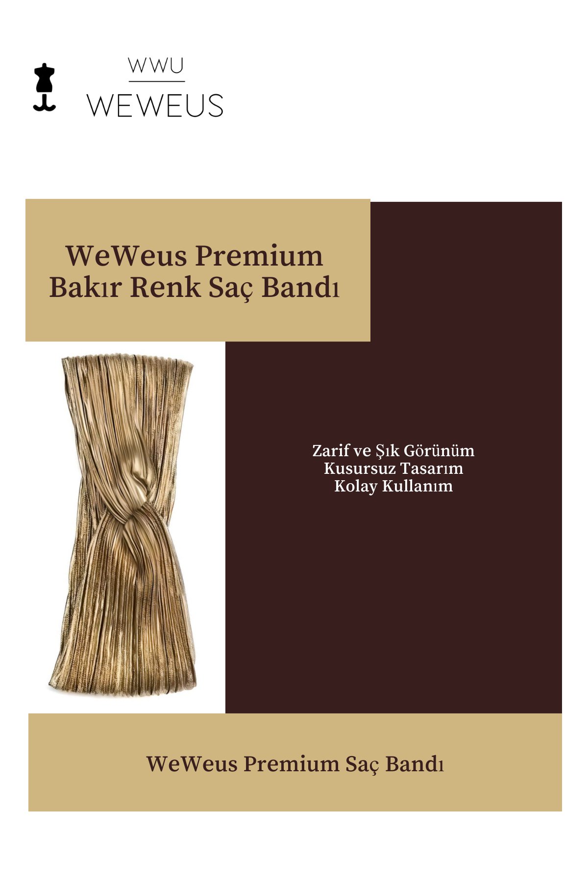 WeWeus Parlak Bakır Renk Premium Kadın Saç Bandı