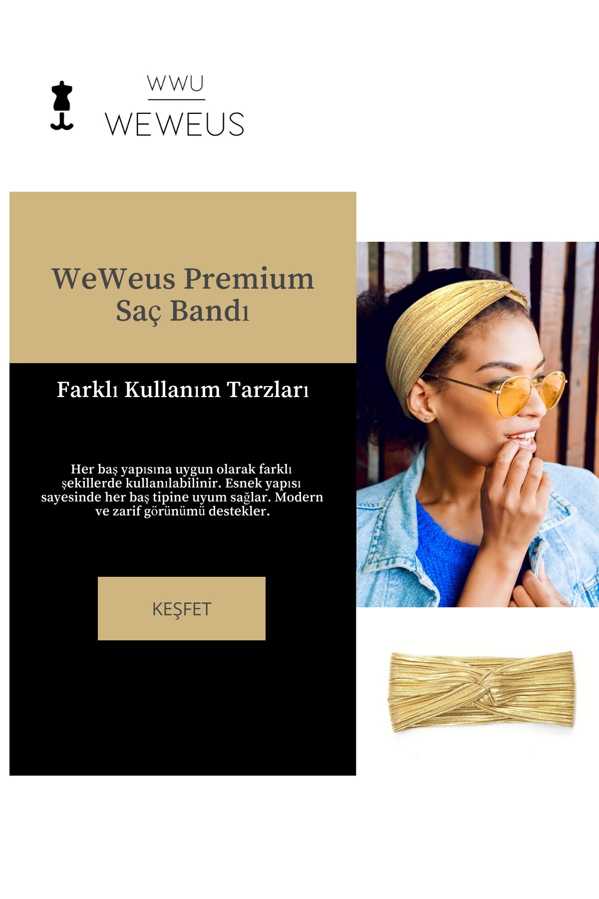 WeWeus Parlak Gold Altın Renk Premium Kadın Saç Bandı