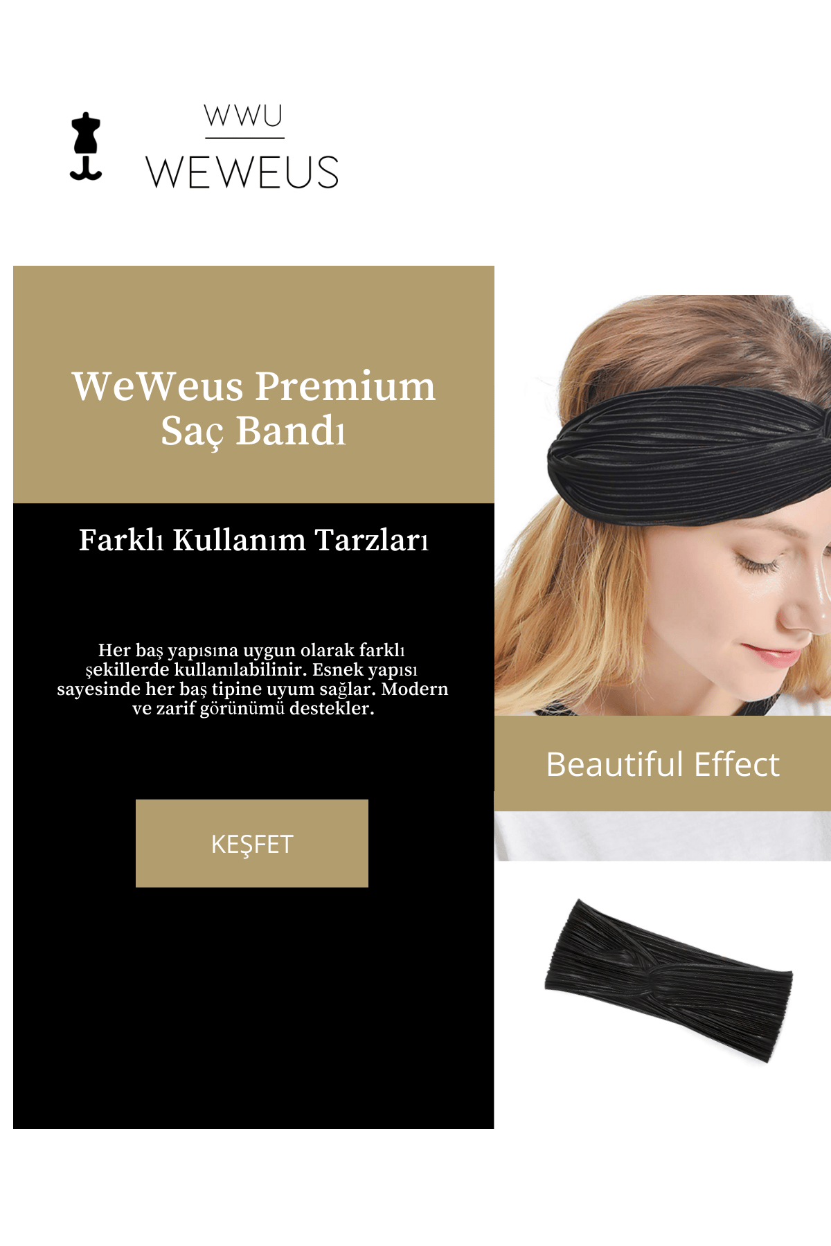 WeWeus Parlak Siyah Renk Premium Kadın Saç Bandı