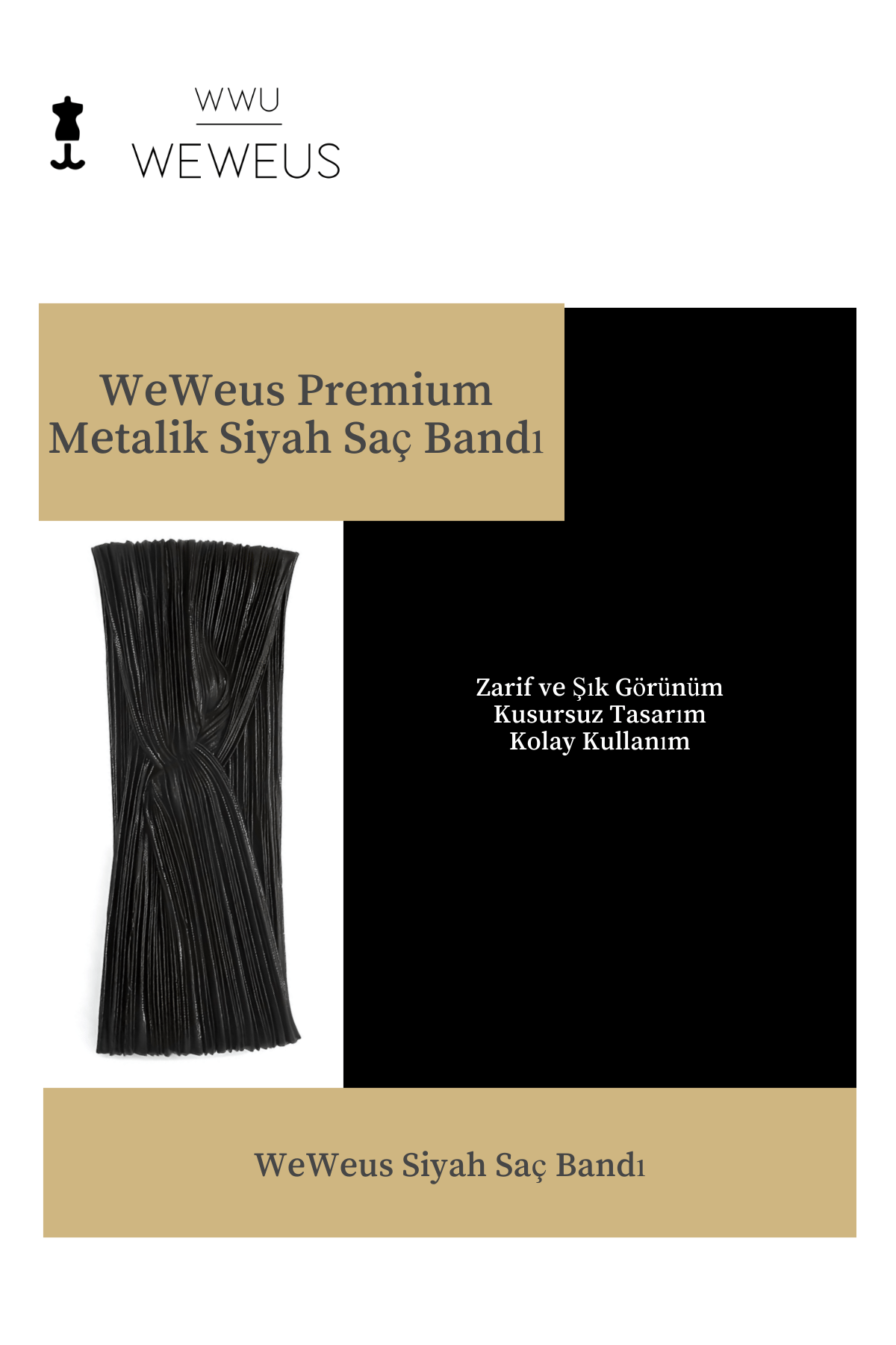 WeWeus Parlak Siyah Renk Premium Kadın Saç Bandı