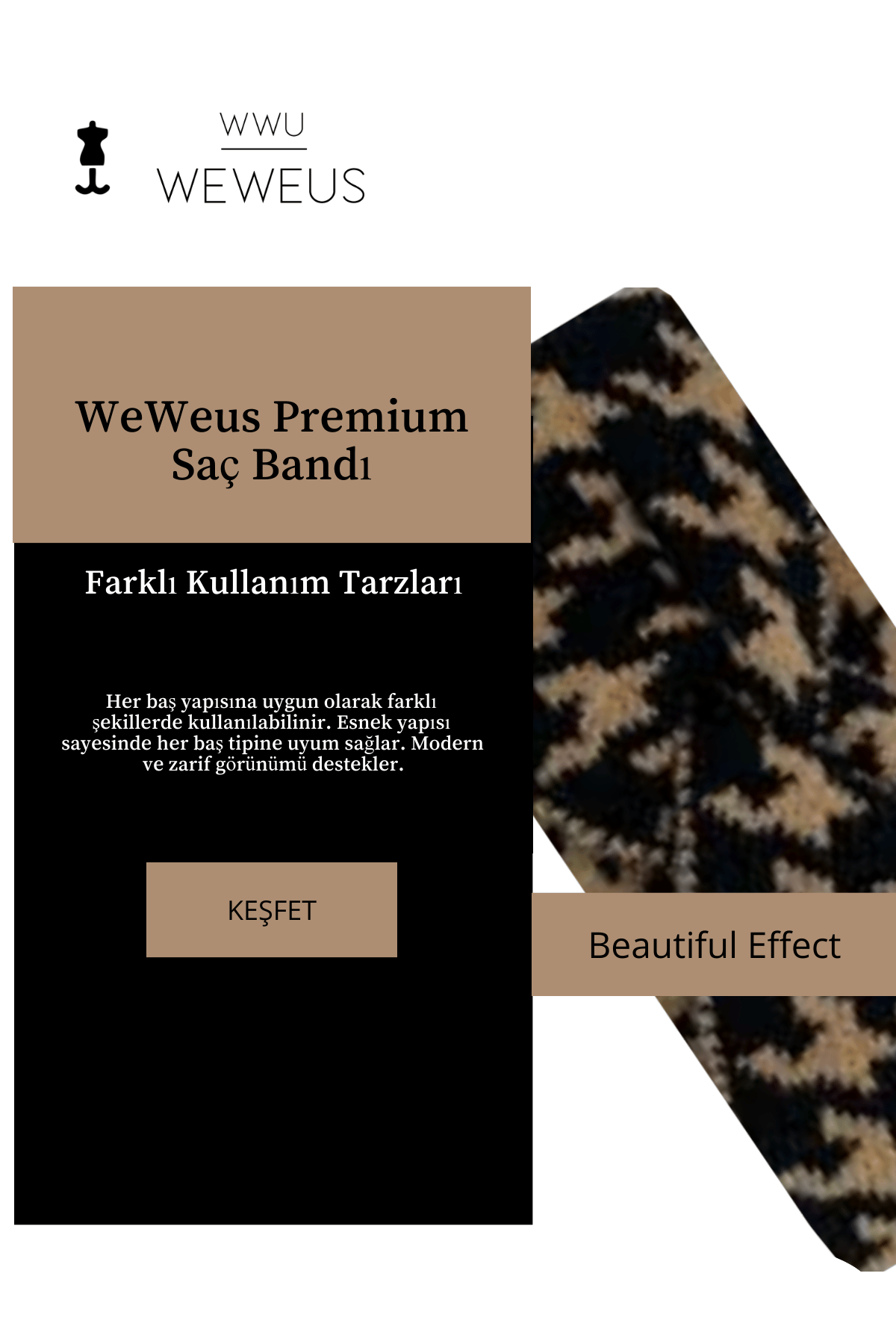 WeWeus Siyah Açık Kahve Kışlık Premium Kadın Saç Bandı
