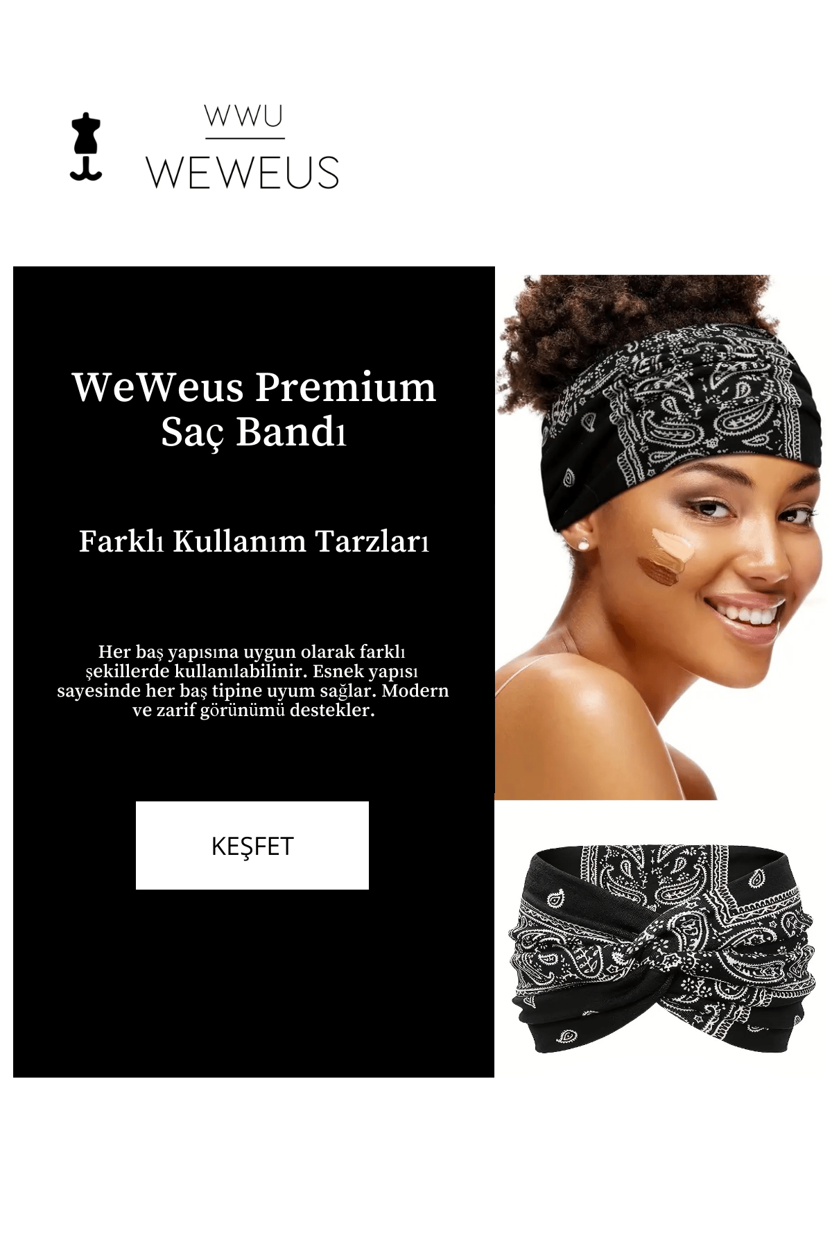 WeWeus Siyah Damla Desen Premium Kadın Saç Bandı