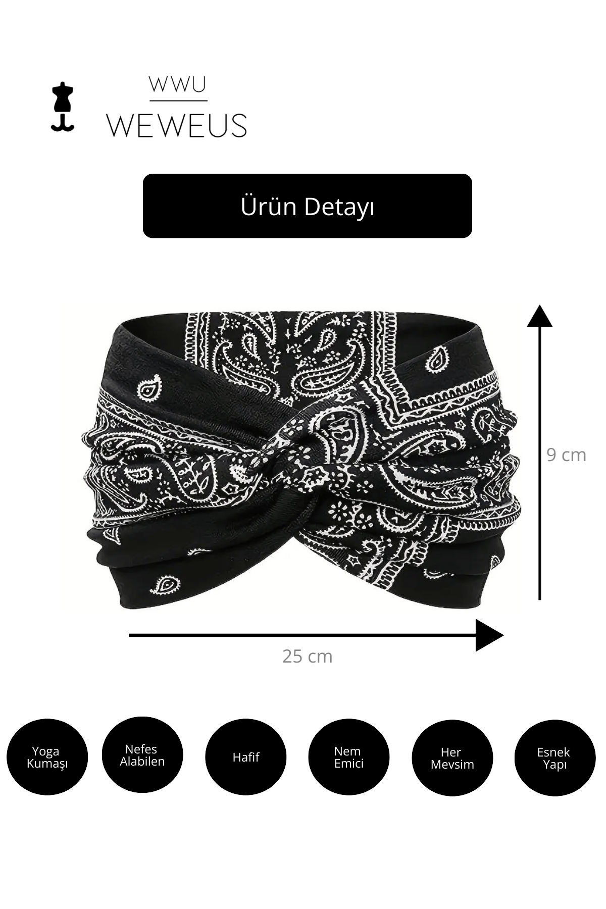 WeWeus Siyah Damla Desen Premium Kadın Saç Bandı