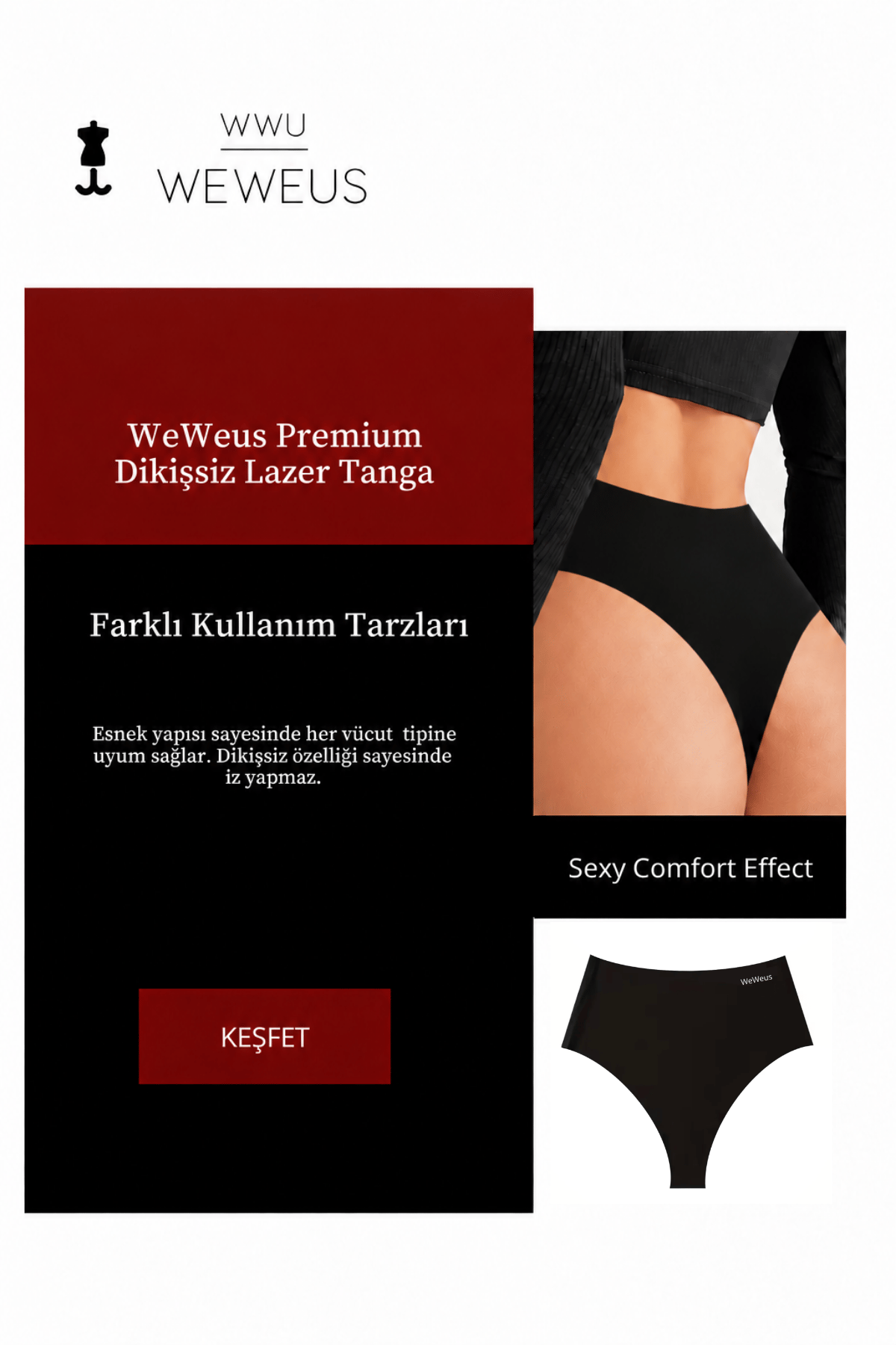 WeWeus Siyah Dikişsiz Lazer Kesim Yüksek Bel Tanga 