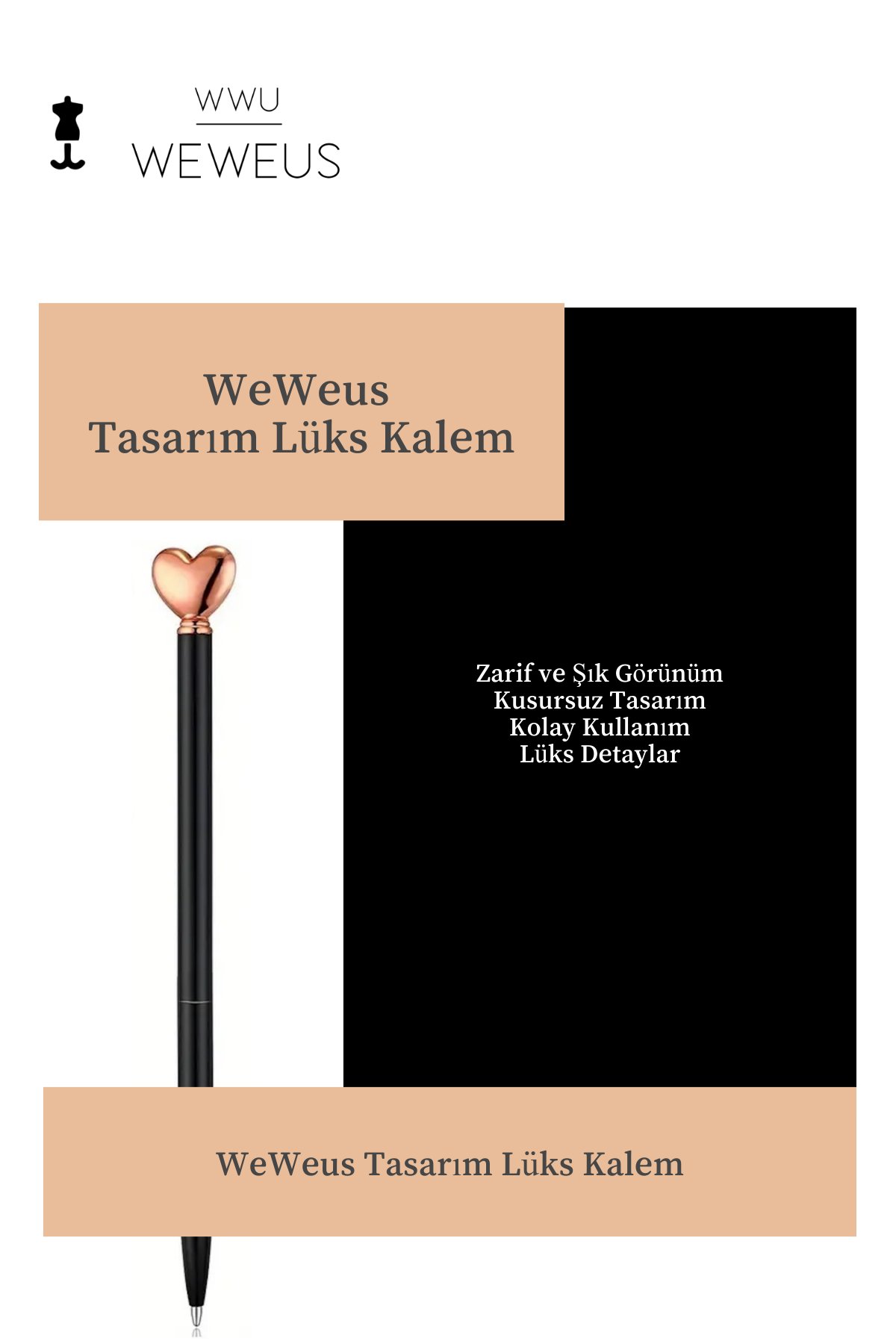 WeWeus Siyah Kalp Tasarım Lüks Tükenmez Kalem