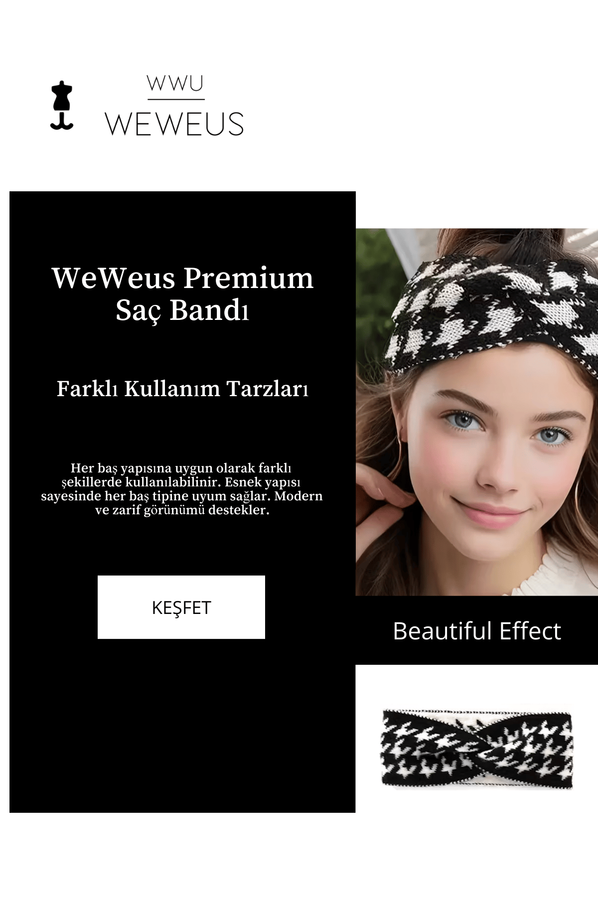 WeWeus Siyah Kışlık Premium Kadın Saç Bandı
