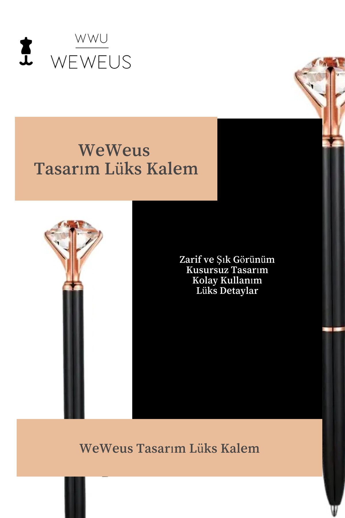 WeWeus Siyah Kristal Tasarım Lüks Tükenmez Kalem
