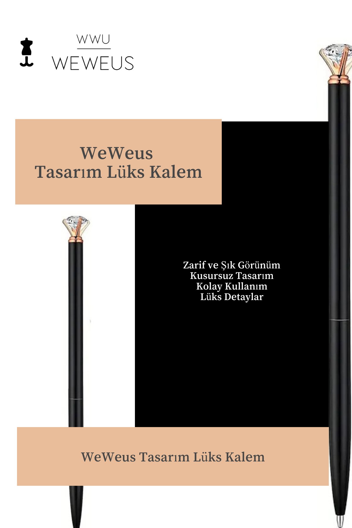 WeWeus Siyah Mini Kristal Tasarım Lüks Tükenmez Kalem