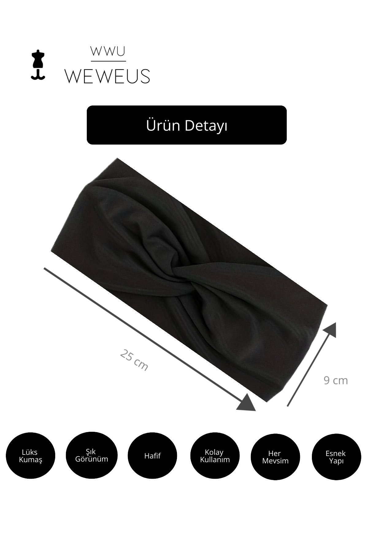 WeWeus Siyah Premium Dar Kadın Saç Bandı