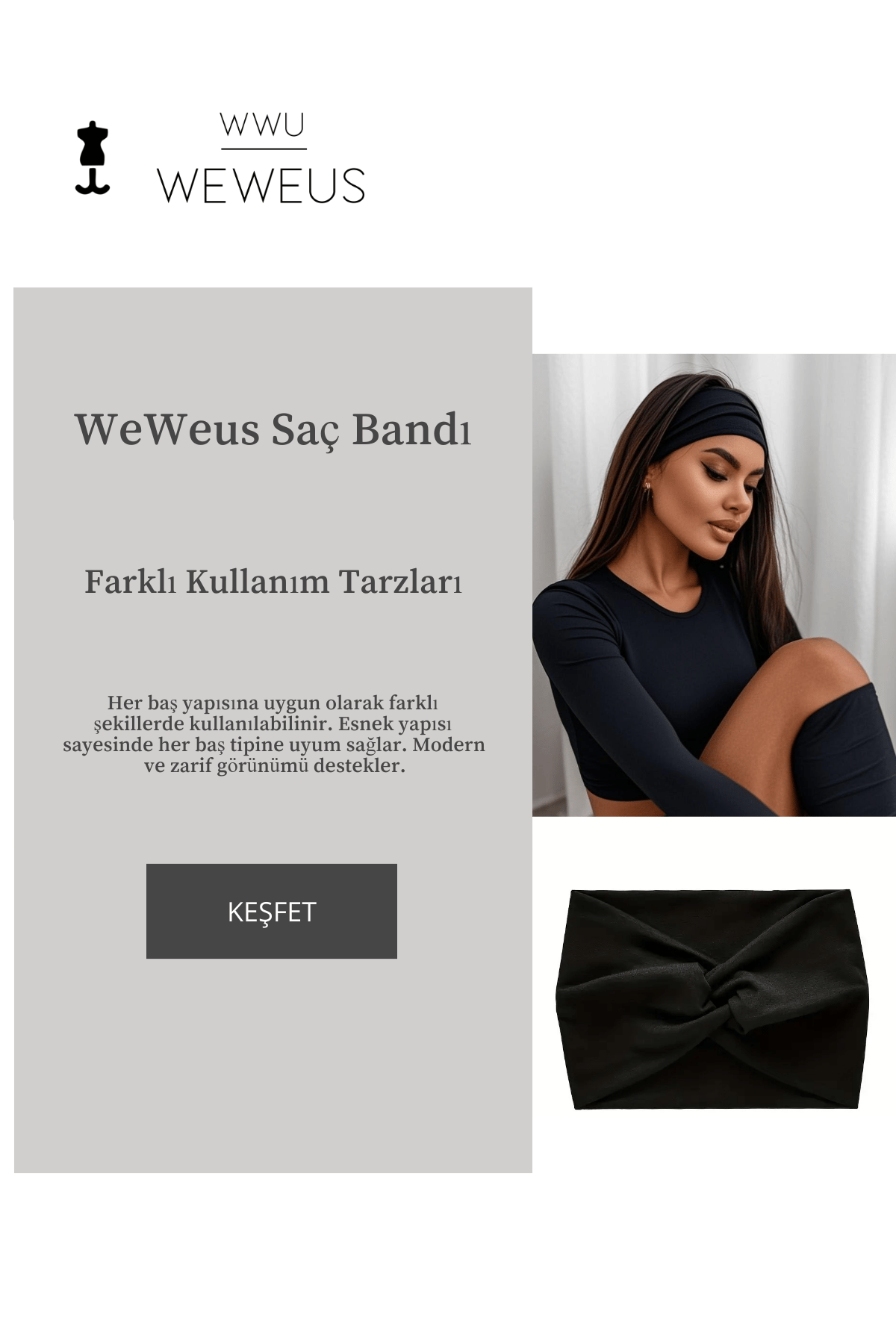 WeWeus Siyah Premium Dar Kadın Saç Bandı