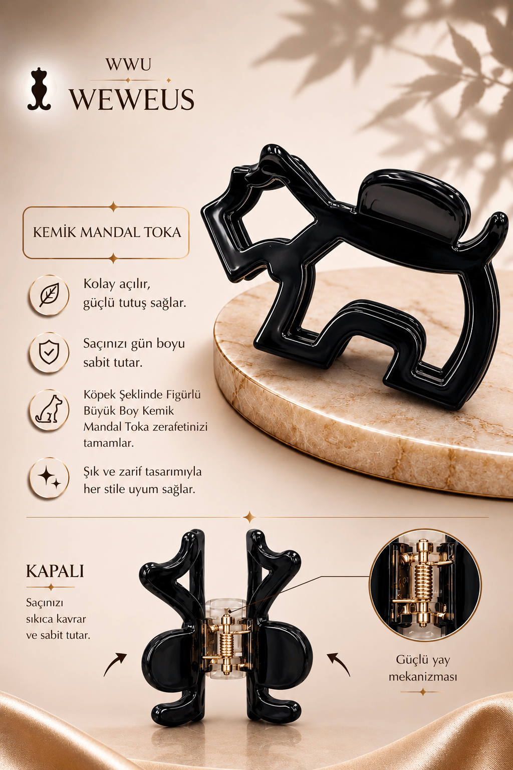 WeWeus Siyah Premium Köpek Şekilli Kemik Mandal Toka