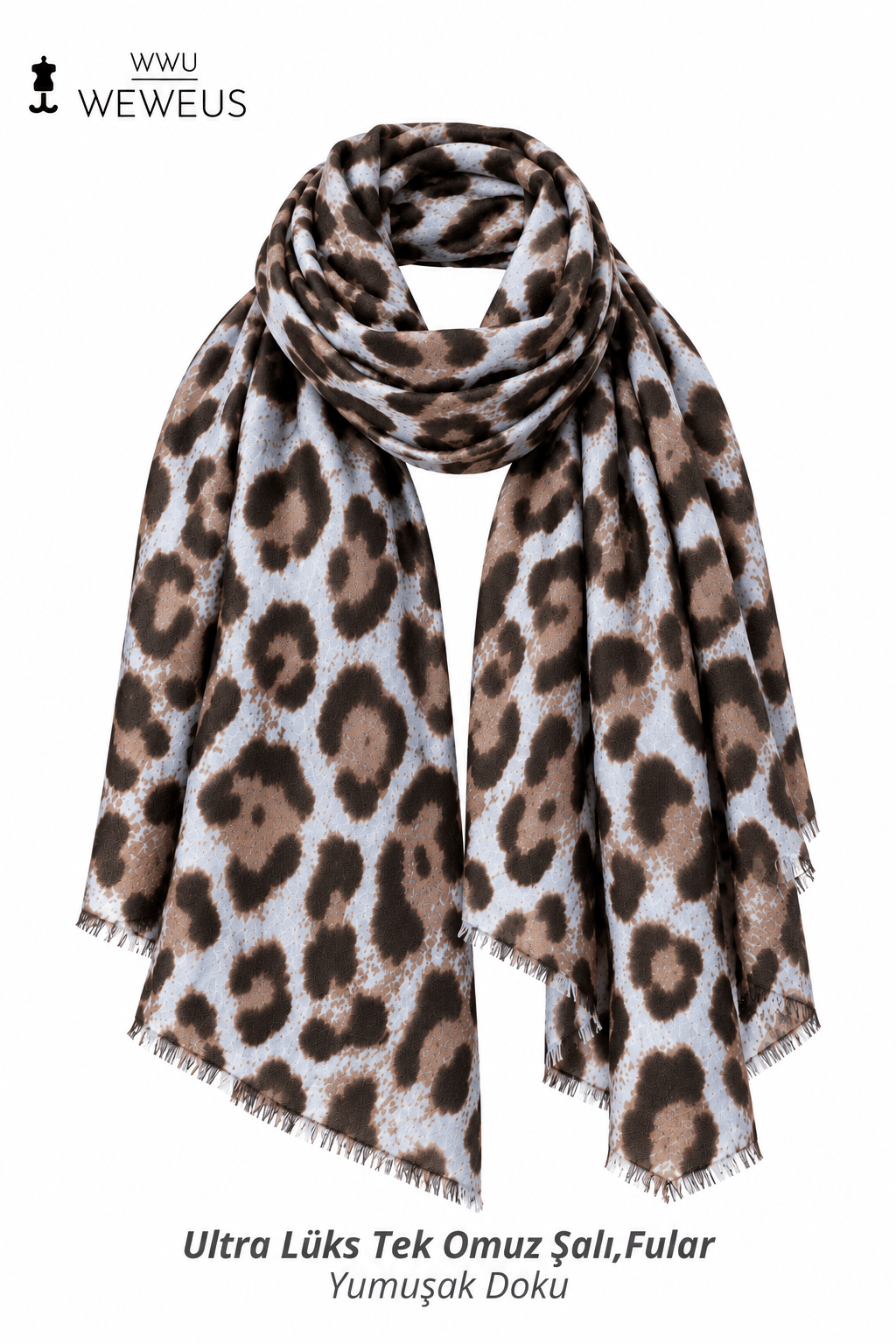 WeWeus Ultra Lüks Mavi Gri Leopar Desen Omuz Şalı & Fular & Baş Örtüsü 90x180 cm