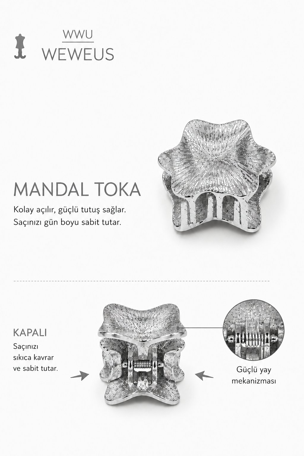 WeWeus Yıldız Gri Parlak Metal Mini Premium Mandal Toka