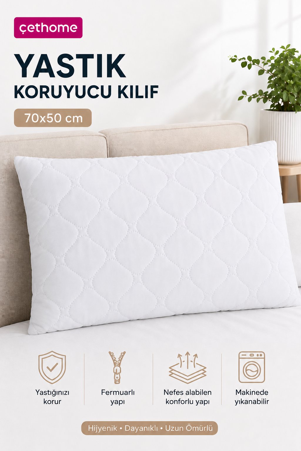ÇetHome 50x70 cm Kapitone Yastık Koruyucu Fermuarlı