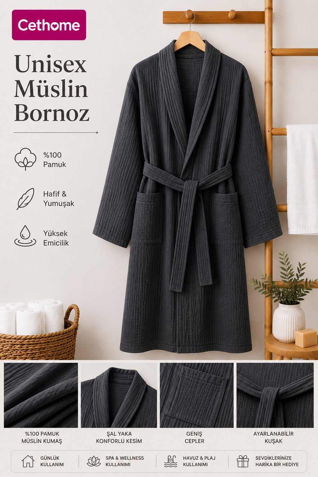 ÇetHome Antrasit Renk Kemerli Unisex %100 Pamuklu Müslin Kumaş Bornoz